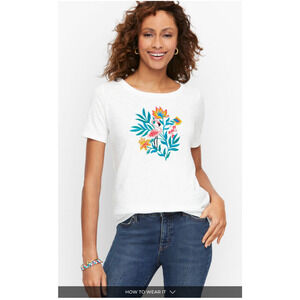 Talbots Plus 1X Flamingo Embroidered Crewneck Tee Short Sleeve Floral Sequins